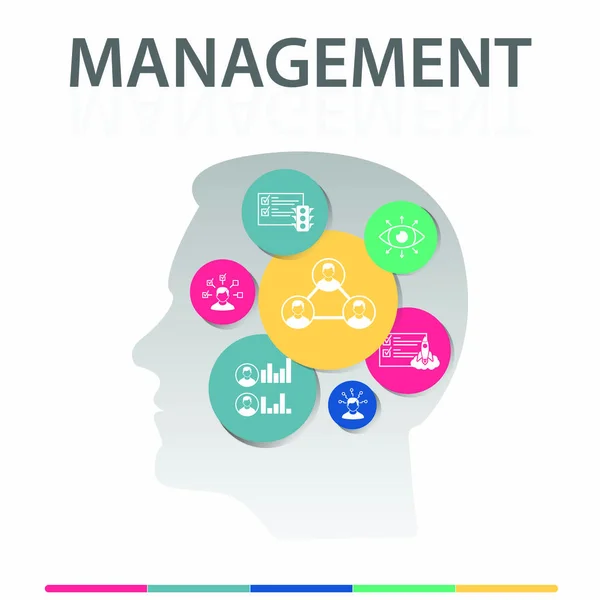 Management Infographics vector design. Timeline concept include interaction, specialist, team characteristics icons. Can be used for report, presentation, diagram, web design — Stock Vector