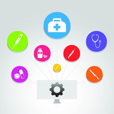 Medicine Infographic vektör tasarımı. Zaman çizelgesi konsepti tıbbi çanta, şırınga, ilaç ikonları. Rapor, sunum, diyagram, web tasarımı için kullanılabilir