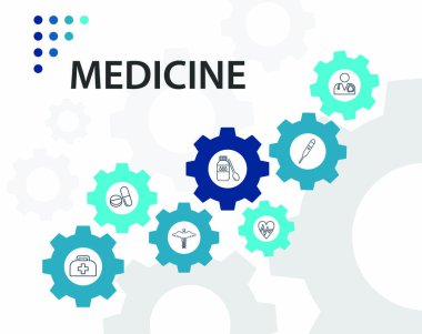 Medicine Infographic vektör tasarımı. Zaman çizelgesi konsepti tıbbi çanta, şırınga, ilaç ikonları. Rapor, sunum, diyagram, web tasarımı için kullanılabilir
