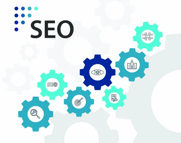 Seo Infográficos design vetorial. O conceito de linha do tempo inclui otimização de pesquisa, gerenciamento de dados, ícones de resultados de pesquisa. Pode ser usado para relatório, apresentação, diagrama, web design — Vetor de Stock