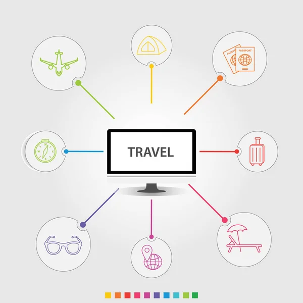 Conception vectorielle d'infographie de voyage. Le concept de chronologie comprend boussole, tente, icônes de l'avion. Peut être utilisé pour le rapport, la présentation, le diagramme, la conception Web — Image vectorielle