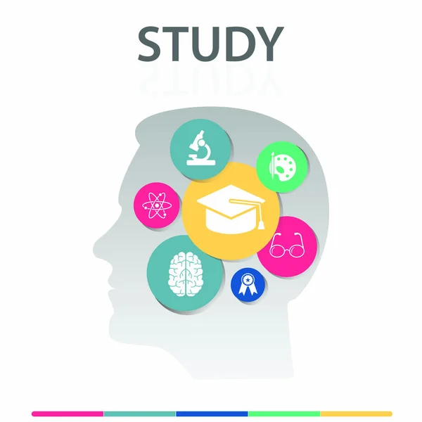 Μελέτη Infographics διανυσματική σχεδίαση. Χρονική έννοια περιλαμβάνουν καπάκι αποφοίτησης, μικροσκόπιο, εικόνες του εγκεφάλου. Μπορεί να χρησιμοποιηθεί για έκθεση, παρουσίαση, διάγραμμα, web design — Διανυσματικό Αρχείο