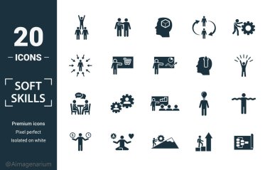 Soft Skills simgesi seti. Yaratıcı unsurları içerir takım ruhu, kişilik, kendini tanıtma, motivasyon, müzakere ikonları. Rapor, sunum, diyagram, web tasarımı için kullanılabilir
