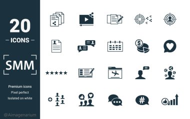 Smm icon set. Include creative elements content, copywriting, user information, budget planning, tops and ratings icons. Can be used for report, presentation, diagram, web design clipart