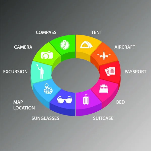 Travel Infografica progettazione vettoriale. Il concetto di linea temporale include bussola, tenda, icone degli aerei. Può essere utilizzato per report, presentazione, diagramma, web design — Vettoriale Stock