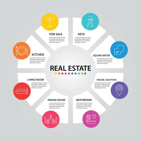 Infografica immobiliare progettazione vettoriale. Concetto di linea temporale includono in vendita, chiavi, icone metro quadrato. Può essere utilizzato per report, presentazione, diagramma, web design — Vettoriale Stock