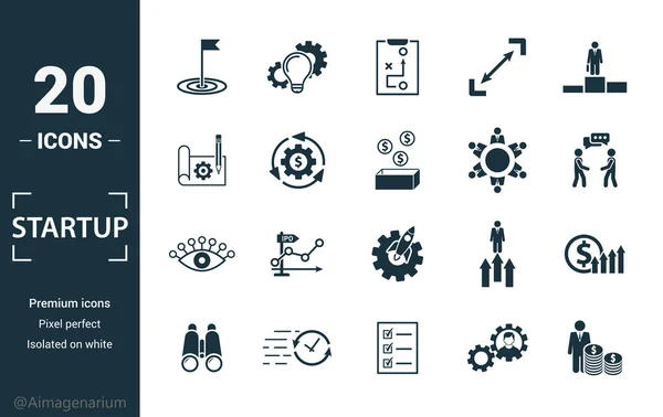 Conjunto de iconos de inicio. Incluya elementos creativos meta, plan de negocios, prototipo, incubadora de negocios, iconos de visión. Puede ser utilizado para el informe, presentación, diagrama, diseño web — Vector de stock