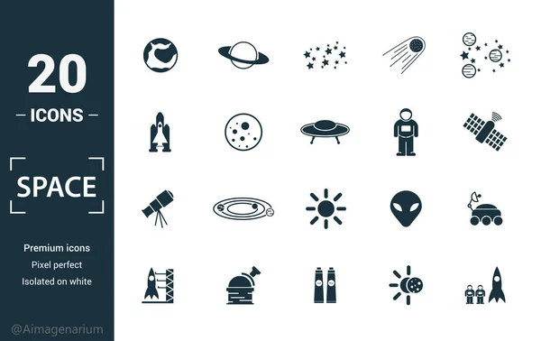 Conjunto de iconos espaciales. Incluir elementos creativos planeta tierra, estrellas, nave espacial, astronautas, iconos del telescopio. Puede ser utilizado para el informe, presentación, diagrama, diseño web — Vector de stock