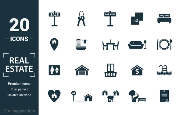 Conjunto de iconos inmobiliarios. Incluya elementos creativos para la venta, letrero de alquiler, ubicación de la casa, sala de estar, iconos de ascensor. Puede ser utilizado para el informe, presentación, diagrama, diseño web — Vector de stock