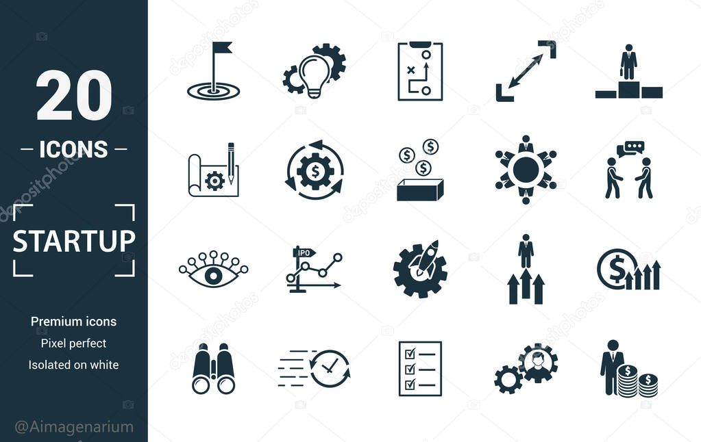 Startup icon set. Include creative elements goal, business plan, prototype, business incubator, vision icons. Can be used for report, presentation, diagram, web design