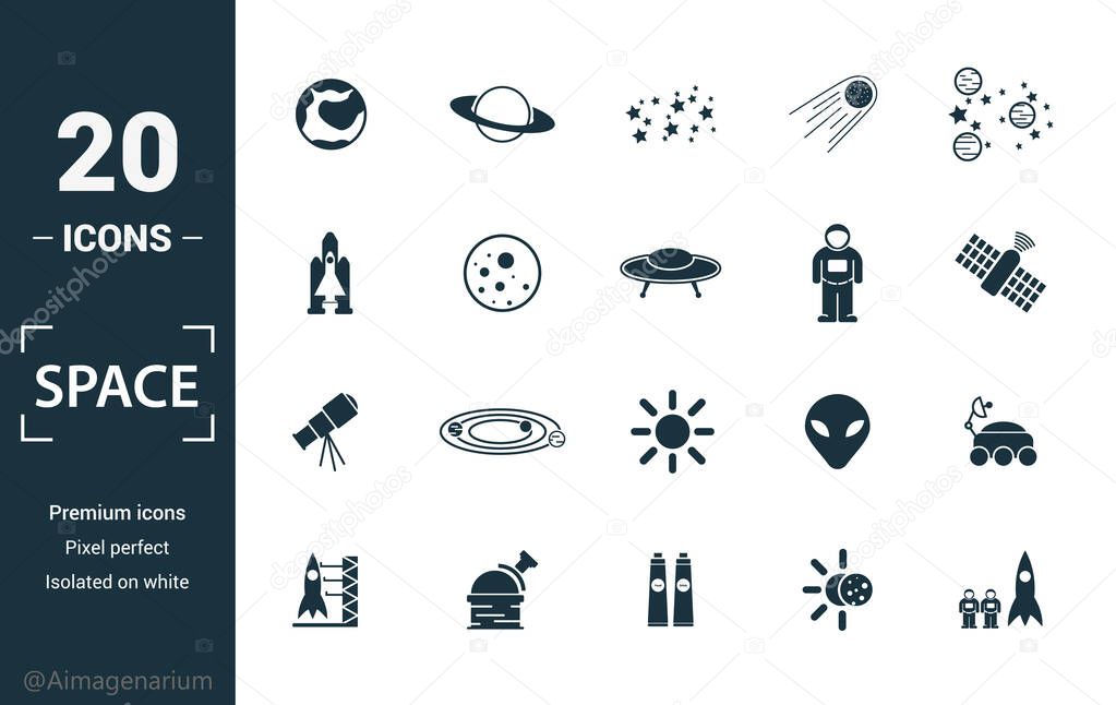 Space icon set. Include creative elements earth planet, stars, spaceship, spacemen, telescope icons. Can be used for report, presentation, diagram, web design