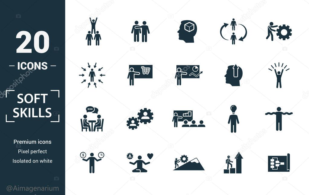 Soft Skills icon set. Include creative elements team spirit, personality, self-promotion, motivating, negotiation icons. Can be used for report, presentation, diagram, web design