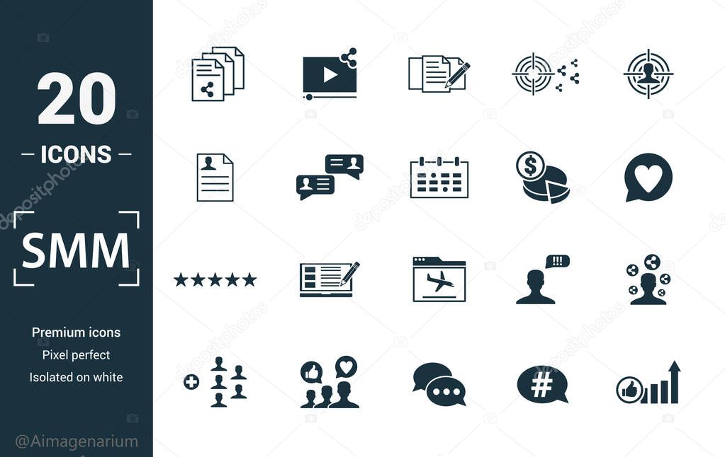 Smm icon set. Include creative elements content, copywriting, user information, budget planning, tops and ratings icons. Can be used for report, presentation, diagram, web design