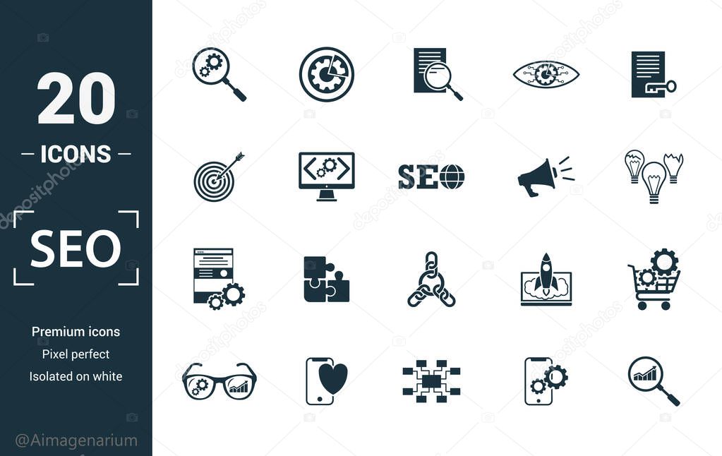 Seo icon set. Include creative elements search optimization, search result, right solution, code optimization, website optimization icons. Can be used for report, presentation, diagram, web design