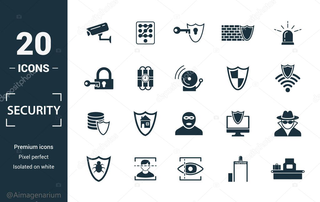 Security icon set. Include creative elements security camera, deffense, lock, protection, data protection icons. Can be used for report, presentation, diagram, web design
