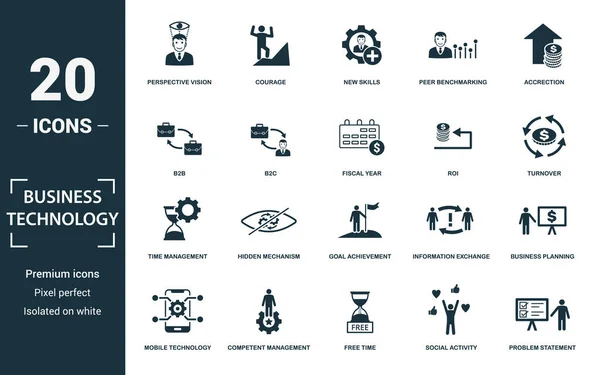 Conjunto de ícones Business Technology. Coleção de sinais monocromáticos com gerenciamento de tempo, mecanismo oculto, realização de metas, troca de informações e ícones. Conjunto de elementos de tecnologia empresarial. — Vetor de Stock