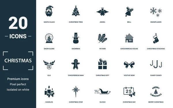 Set de iconos navideños. Colección de signos monocromáticos con santa claus, árbol de Navidad, ángel, campana y sobre los iconos. Set de elementos navideños. — Vector de stock