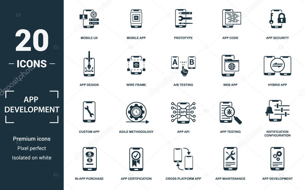 App Development icon set. Collection of simple elements such as the mobile ux, mobile app, prototype, app code. App Development theme signs.