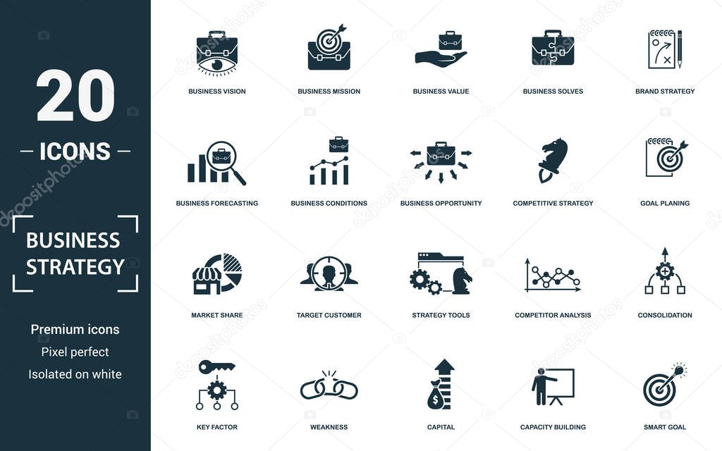 Business Strategy icon set. Collection of simple elements such as the business vision, business mission, value, solves. Business Strategy theme signs.