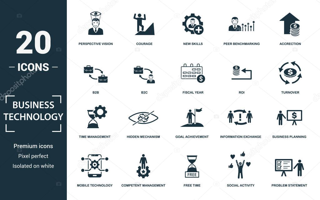 Business Technology icon set. Monochrome sign collection with time management, hidden mechanism, goal achievement, information exchange and over icons. Business Technology elements set.