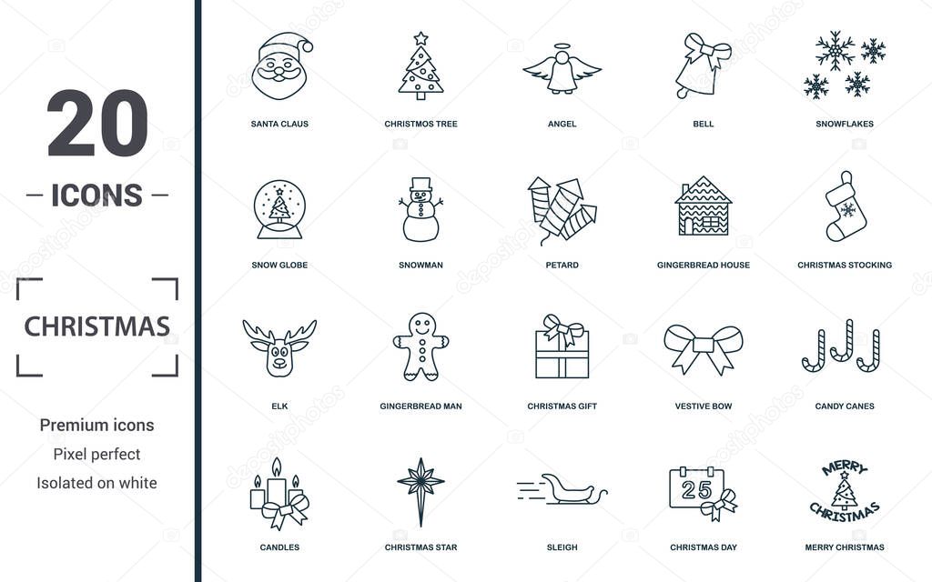 Christmas icon set. Collection of simple elements such as the santa claus, christmos tree, angel, bell. Christmas theme signs.