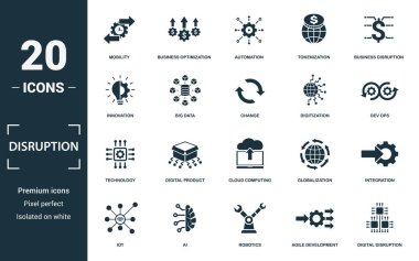 Disruption icon set. Collection of simple elements such as the innovation, big data, change, digitization. Disruption theme signs. clipart
