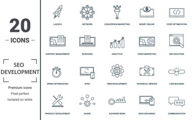 Seo ve Geliştirme simgesi seti. Başlangıç, ağ, dönüşüm pazarlama, çevrimiçi para gibi basit unsurların toplanması. Seo ve Geliştirme tema işaretleri.