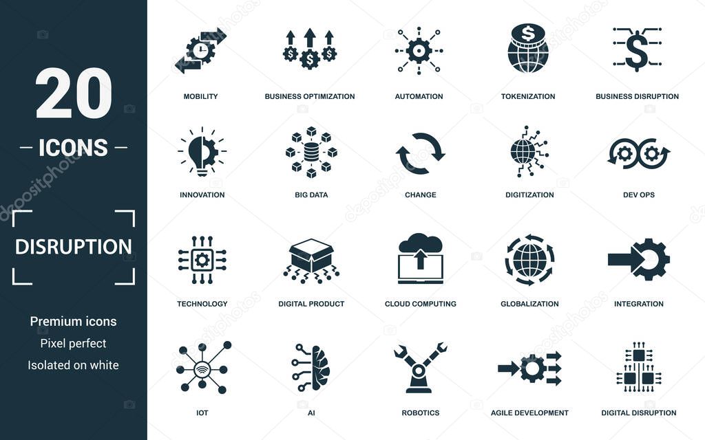 Disruption icon set. Collection of simple elements such as the innovation, big data, change, digitization. Disruption theme signs.