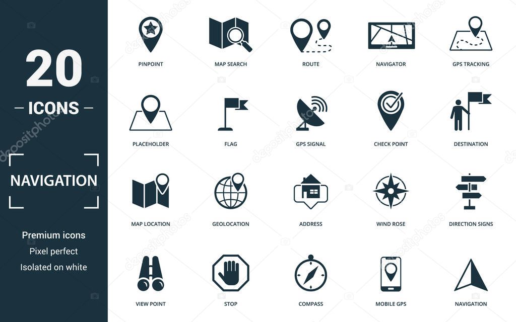 Navigation icon set. Collection of simple elements such as the pinpoint, map search, route, navigator. Navigation theme signs.