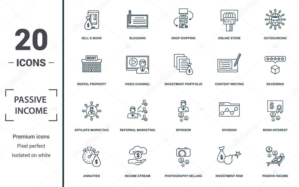 Passive Income icon set. Collection of simple elements such as the sell e-book, blogging, drop shipping, online store. Passive Income theme signs.