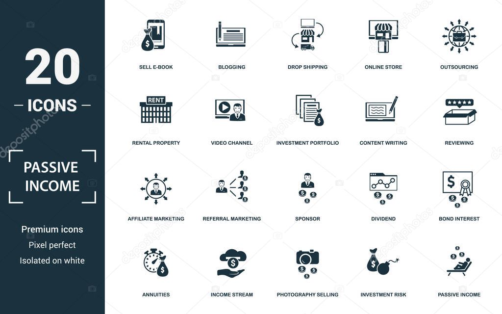 Passive Income icon set. Collection of simple elements such as the sell e-book, blogging, drop shipping, online store. Passive Income theme signs.