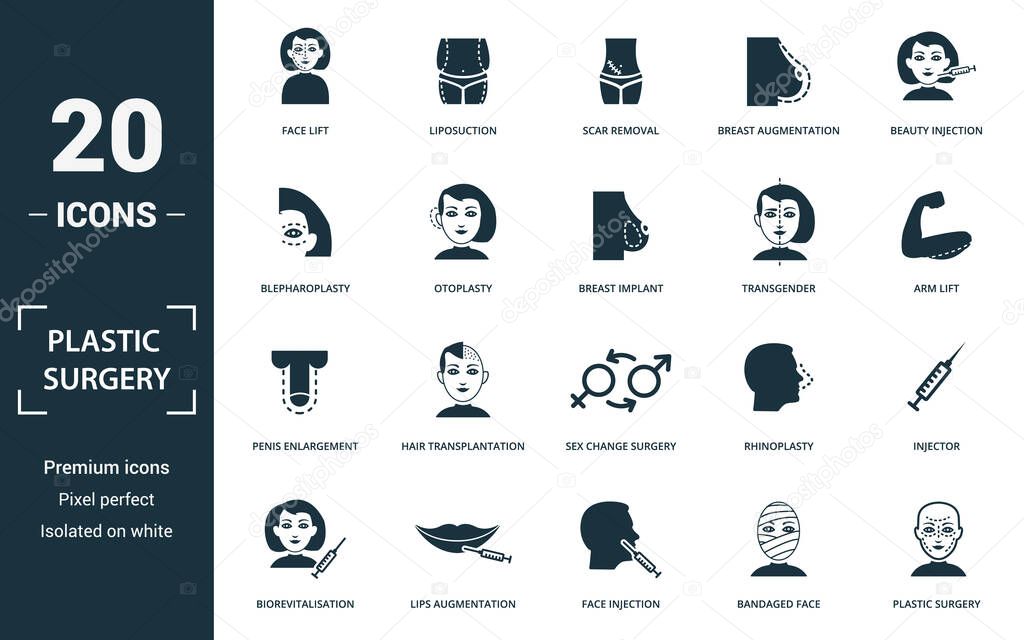 Plastic Surgery icon set. Collection of simple elements such as the face lift, liposuction, scar removal, breast augmentation. Plastic Surgery theme signs.