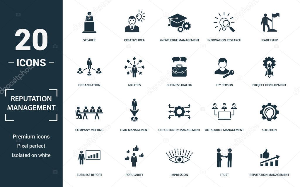 Reputation Management icon set. Collection of simple elements such as the speaker, creative idea, knowledge management, innovation research. Reputation Management theme signs.