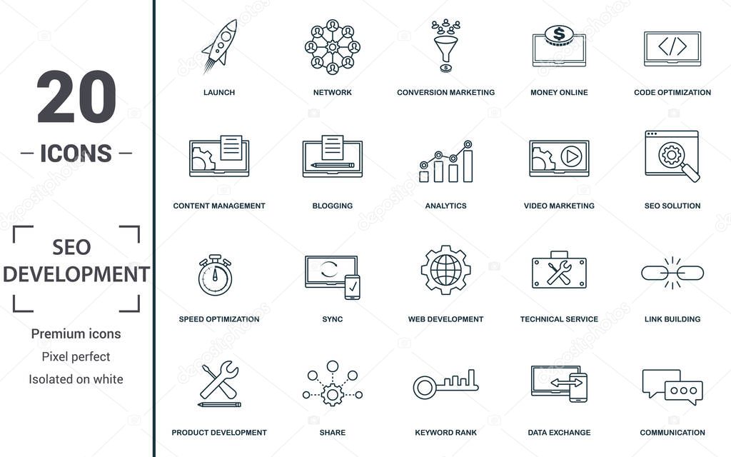 Seo And Development icon set. Collection of simple elements such as the launch, network, conversion marketing, money online. Seo And Development theme signs.