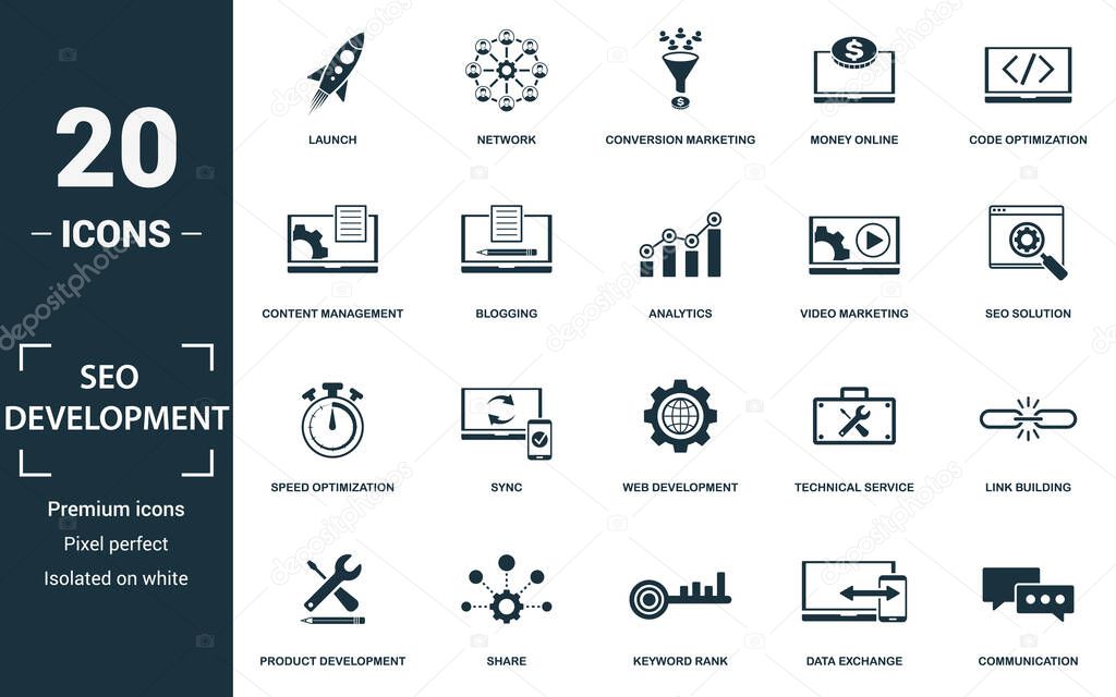 Seo And Development icon set. Collection of simple elements such as the launch, network, conversion marketing, money online. Seo And Development theme signs.