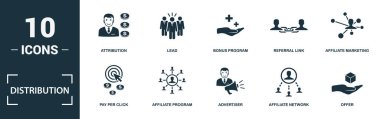 Dağıtım simgesi ayarlandı. Tıklama başına ödeme, üye programı, reklamcı, bağlı ağ gibi basit unsurların toplanması. Dağıtım tema işaretleri.