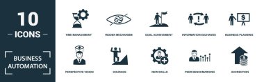 İş Otomasyonu simgesi ayarlandı. Zaman yönetimi, gizli mekanizma, hedef başarısı, bilgi alışverişi gibi basit unsurların toplanması. İş Otomasyonu tema işaretleri.