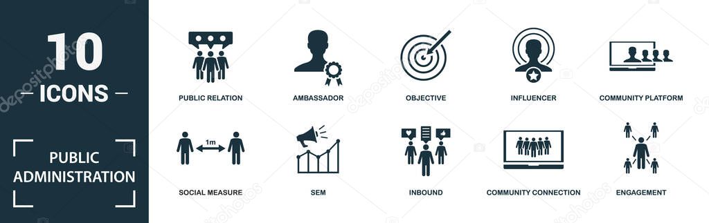 Public Administration icon set. Collection of simple elements such as the social measure, sem, inbound, community connection. Public Administration theme signs.