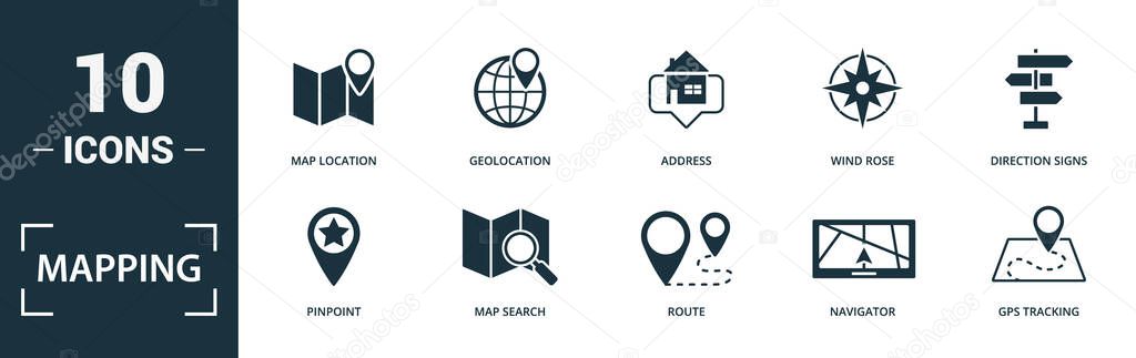 Mapping icon set. Collection of simple elements such as the pinpoint, map search, route, navigator. Mapping theme signs.