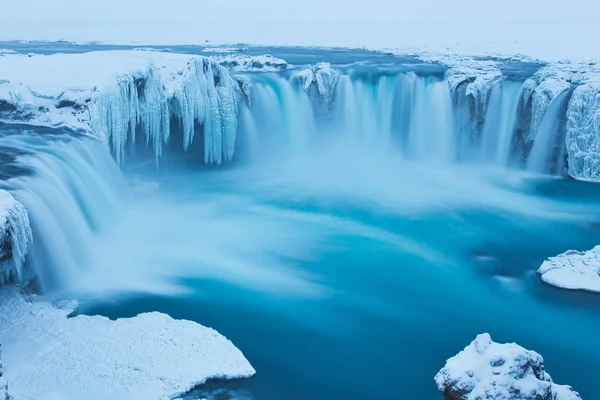 Bela Cachoeira Godafoss Inverno Coberto Neve Islândia — Fotografia de Stock