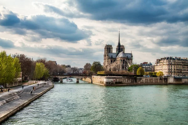 Catedrala Notre Dame în timpul unei zile înnorate cu Sena River în For — Fotografie, imagine de stoc