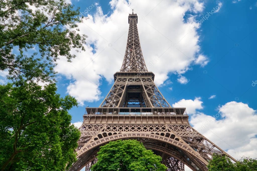 Eiffel Tower in Paris under Sunny Summer Sky, France