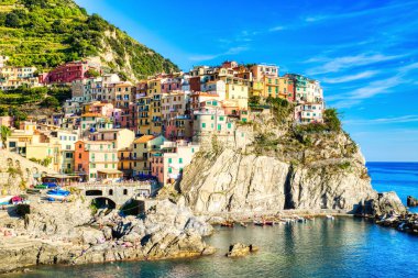Manarola Köyü Güzel Güneşli bir günde, Cinque Terre, İtalya  