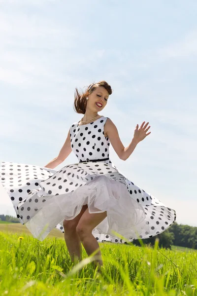 Pretty Rockabilly Girl Petticoat Dress Dancing Rock Roll Meadow — Stock Photo, Image