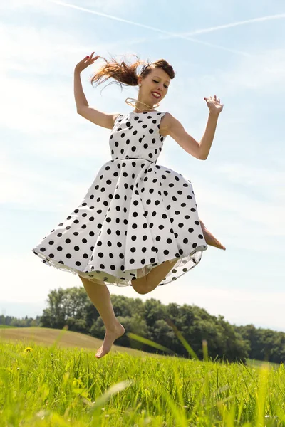 Pin Girl White Petticoat Dress Jumping Meadow — Stock Photo, Image