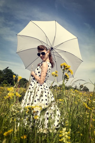 Retro Vintage Filtered Picture Pretty Fifties Girl Wildflower Meadow — Stock Photo, Image