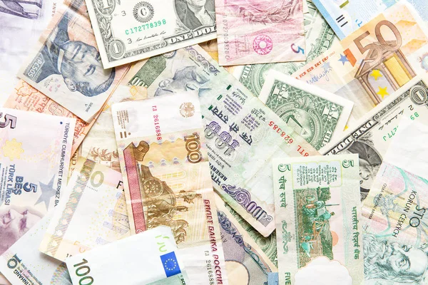 Muchas Monedas Diferentes Como Concepto Fondo Colorido Dinero Global — Foto de Stock