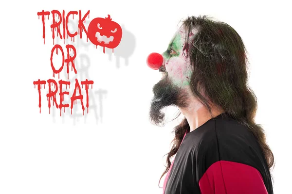 Hátborzongató Bohóc Keres Szöveg Trick Com Elszigetelt Fehér Koncepció Halloween — Stock Fotó