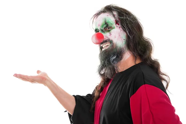 Clown Effrayant Étirant Main Copyspace Isolé Sur Blanc Concept Halloween — Photo