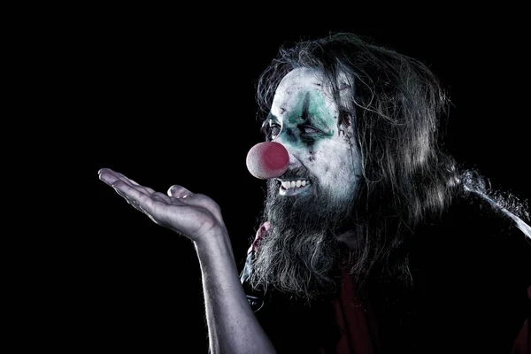 Horror Clown Ugly Face Looking Copyspace Black Background Concept Creepy — Stock Photo, Image